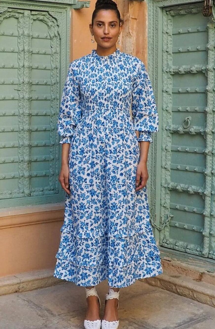 Pink City Prints Tuckernuck Isabel High Neck Smocked Midi Dress Riviera Blue NWT